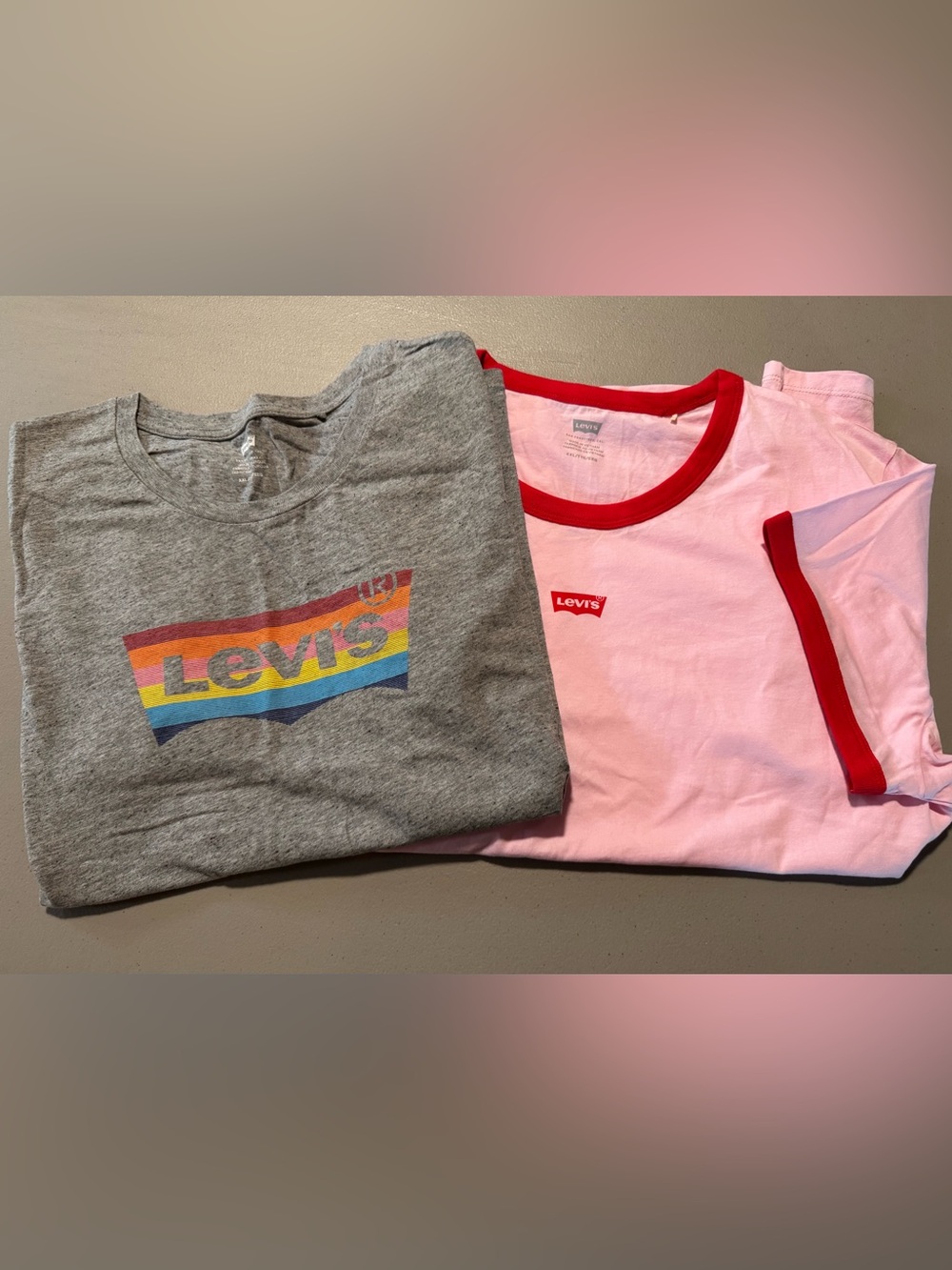 Levi's Womens Pink Tee with Red Ringer and Grey Rainbow Logo Tee Shirts XXL